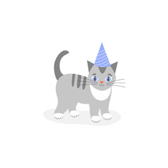 Cute kitten in a festive hat. Vector image on a white background. Cat at a birthday party. Illustration for textiles in flat cartoon style. Isolated. Print for children s clothing textiles tableware.