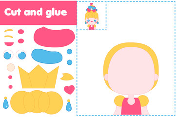 Cut and paste children educational game. Paper cutting activity. Make a princess with glue and scissors. DIY worksheet