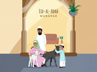 Islamic festival of sacrifice, Eid-Ul-Adha Mubarak background with Muslim family hugs their goat and buck before the ritual. 