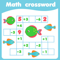 Mathematics educational game for children. Math crossword write missing numbers. Equations puzzle for pre school kids