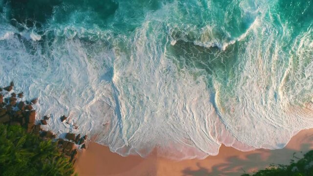 Video from a drone in the Seychelles aerial view of the beautiful "Police Beach" with raging waves and turquoise water
