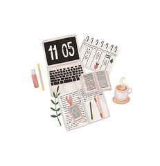 Study composition. Workplace, Back to school. Diary, planner, notes, stationery. Hand drawn illustration on white isolated background - 444752337