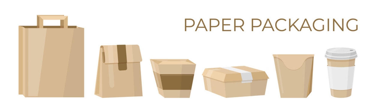 A set of different eco-friendly packaging made of paper and cardboard. A paper bag, boxes for fast food and a to-go cups. Vector isolated on a white background.