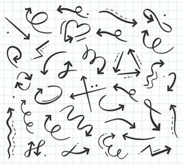 Hand drawn doodle arrow icon in various directions set. Curly cursors, pointers up, down, left, right