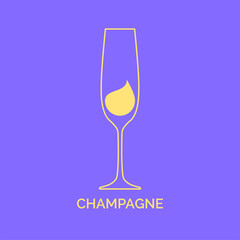 Glass champagne with a drop of drink inside. Contour line art in flat style. Restaurant alcoholic illustration for celebration design. Beverage outline icon. Isolated on color background