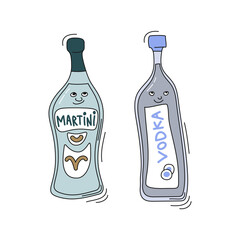 Martini and vodka with smile on white background. Cartoon sketch graphic design. Doodle style with black contour line. Cute hand drawn bottle. Party drinks concept. Freehand drawing style