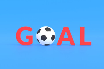 Word goal with soccer ball on blue background. Games for leisure. Fair play. Football development. 3d render