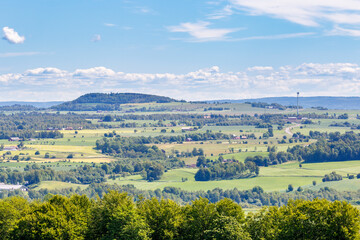 Landscape view over fields and hills