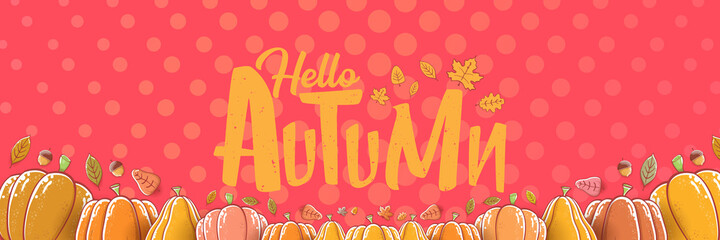 vector hello autumn horizontal banner or label with text and falling autumn leaves on pink horizontal background. Cartoon hello autumn poster, flyer or banner