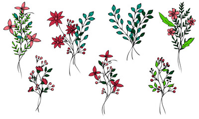 et of cute field mini bouquets of vector flowers and branches in doodle style on a white background. Simple flowers and plants. Isolated objects.