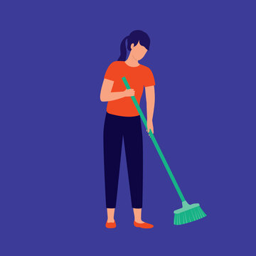 Young Woman Housewife Sweeping Floor With Broom. Household Chores Daily Home Routine.