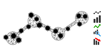Mesh chart polygonal icon vector illustration, with black infectious nodes. Abstraction is created from chart flat icon, with infectious elements and triangle mesh.