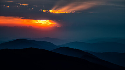 Sunset from the Polonina Runa (Rivna). The Carpathian Mountains. Ukraine.