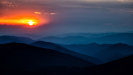 Sunset from the Polonina Runa (Rivna). The Carpathian Mountains. Ukraine.