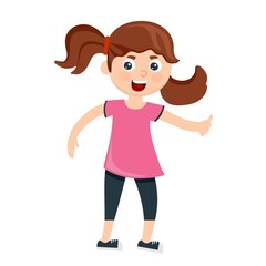 Funny baby girl in a pink T-shirt in a cartoon style. Vector illustration.