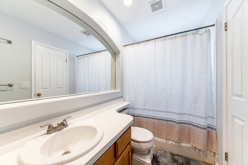 Interior of a bathroom with stylish vanity sink and rectangular curved wall