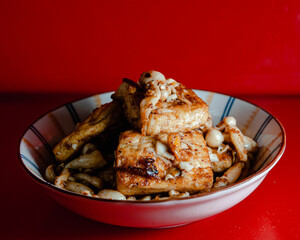 Pan fried tofu in dish