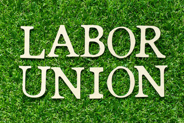Wood letter in word labor union on green grass background