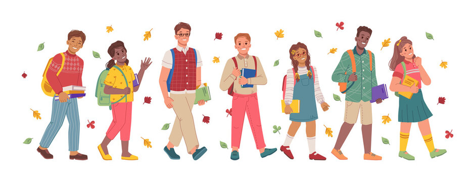 Children and teenagers with books walking to school, pupils and students with supplies and back strolling to lessons. Autumn season with falling leaves and foliage. Flat cartoon character vector