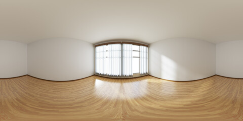 Empty room with wooden parquet floor and window with curtains