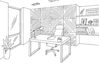 Office room graphic black white interior sketch illustration vector 