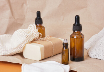 Set of natural organic SPA products amber bottle oil, homemade soap,