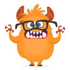Funny cartoon furry monster character. Illustration of cute and happy mythical alien