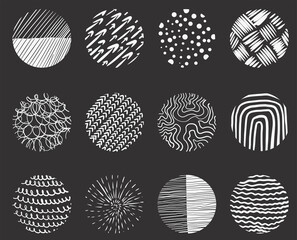 Set of handmade backgrounds. Doodle style drawn shapes. Points, curves, lines, geographic. Modern template for use in posters, social media. Vector Illustration. White in grey background.