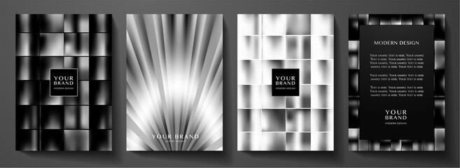 Modern black, white cover, frame design set. Abstract with horizontal, vertical line pattern (stripe texture) on background. Creative vector collection for business brochure, catalog template, booklet