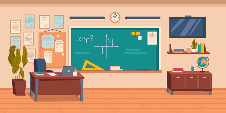 Interior of empty school, college or university classroom or auditorium. Room with blackboard and furniture and equipment for studying. Desk with laptop and wall tv screen. Vector in flat style