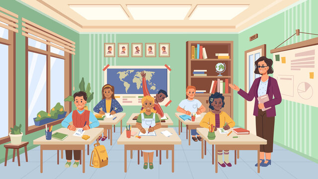 Lesson in school, kids listening and answering teachers questions on classes. Education and studies for children, classroom with desks and world map. Geography professor. Flat style cartoon character
