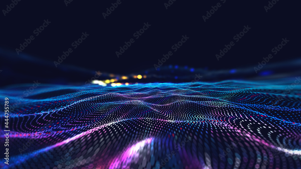 Poster Neural network. Cyber city, digital technology and Information Security. Big data concept 3D illustration. Blockchain, database in global information field