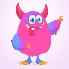 Funny cartoon furry monster character. Illustration of cute and happy mythical alien