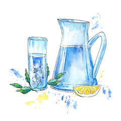 Jug of water, lemon, mint and a glass.Watercolor hand drawn illustration.