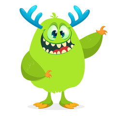 Funny cartoon furry monster character. Illustration of cute and happy mythical alien