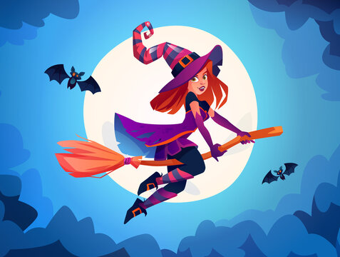 Witch flying on broomstick against full moon light, wizard wearing costume, lady with bats. Halloween holiday celebration, fantasy and magic on all hallows eve in autumn season. Cartoon vector