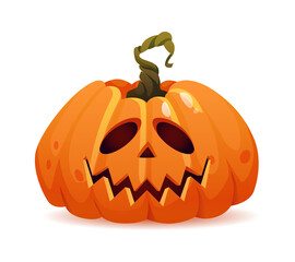 Kind halloween pumpkin with good emotion, isolated personage with smiling face. Vegetable symbol of autumn holiday in october. Carved jack o lantern. Realistic cartoon character vector illustration