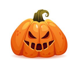 Scary halloween pumpkin with evil facial expression and bad emotions. Grinning and laughing face of autumn personage. Furious jack o lantern, trick or treat. Realistic cartoon character vector