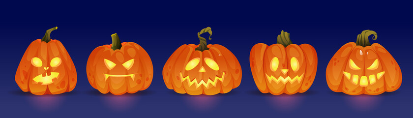 Good and evil glowing halloween pumpkin characters, haunting jack o lanterns with light. Trick or treat, autumn holiday celebration. Seasonal events and fun. Realistic cartoon character vector