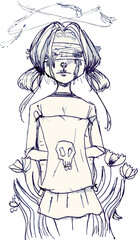 Anime character freehand drawing, cartoon girl blindfolded, animated girl vector. Thinking character, fantasy art girl thinking about something