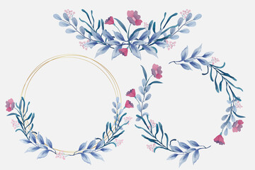 Fototapeta na wymiar Blue floral frames in watercolor style