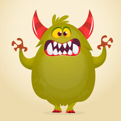 Funny cartoon furry monster character. Illustration of cute and happy mythical alien
