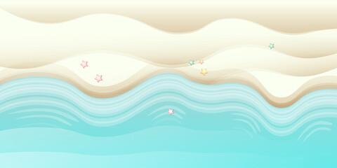 Top view summer beach background with golden sand and turquoise ocean waves. Vector summer beach party flyer or poster design template with tropical coast