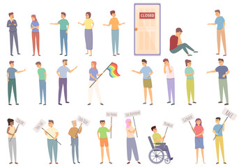 Discrimination icons set cartoon vector. Civil rights. Sexism demonstration