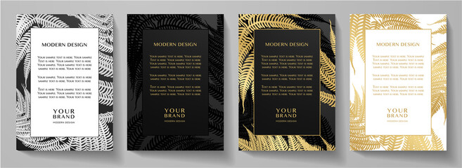 Tropical black and gold frame design set (collection). Premium vector layout with luxury golden leaf (fern) print pattern for certificate, business catalog, brochure template, menu
