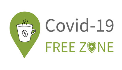 Banner with a mug and a covid 19 free zone message. Illustration with the location of a cafe or coffee shop that is safe for health. Public covid-free places for vaccinated customers.