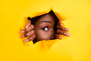 Photo of charming interested woman ripped torn blank space look through bright yellow color...