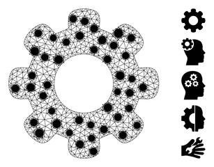 Mesh gear wheel polygonal icon vector illustration, with black infection nodes. Model is based on gear wheel flat icon, with infection items and polygonal mesh.