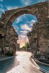 Ruins of ancient city in Side Antalya - Old gates to antique theater © yalcinsonat