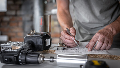 A carpenter works with professional woodworking tools.